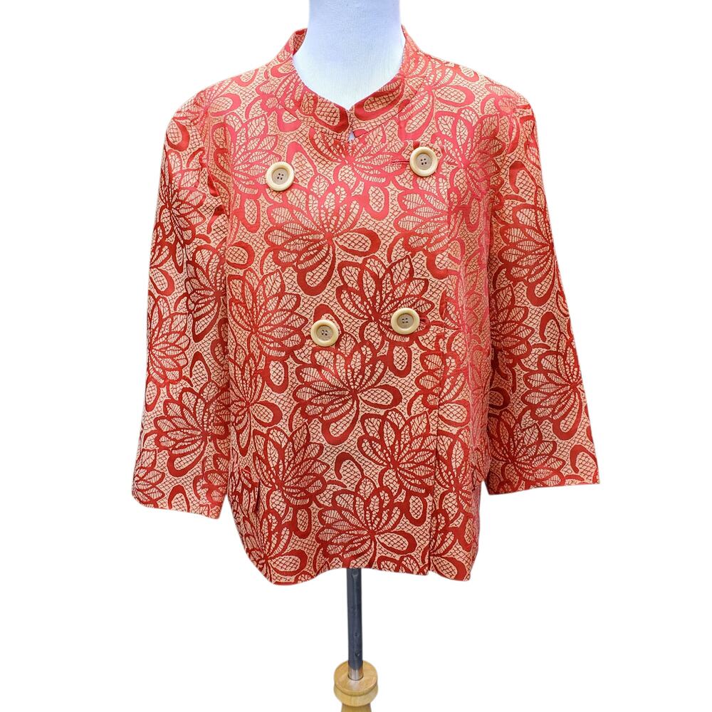 Talbots Orange Gold Floral Jacquard Cropped Jacket Double Breasted Asian Sz 16